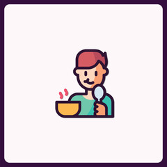 Whimsical cartoon depiction of a person with spoon enjoying a hot meal