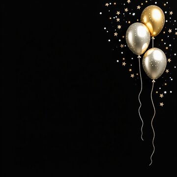 Composici&oacute;n de globos elegantes con detalles de confeti y cintas doradas sobre fondo negro, ideal para decoraci&oacute;n de eventos y con espacio para texto