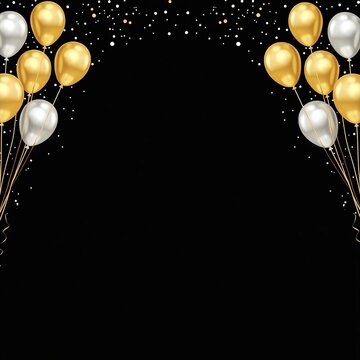 Decoraci&oacute;n tem&aacute;tica con globos met&aacute;licos rellenos de confeti y cintas doradas, ideal para fiestas y eventos de lujo. Fondo negro con espacio para texto