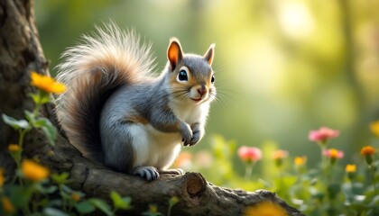 Fototapeta premium Adorable Grey Squirrel in Spring Garden