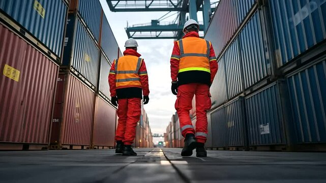 Customs officers inspect cargo containers at a border crossing, ensuring that international trade regulations are followed.