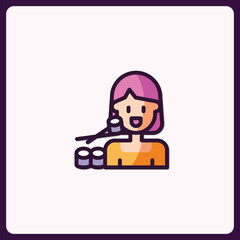 Illustration depicting cheerful girl enjoying a delightful sushi meal