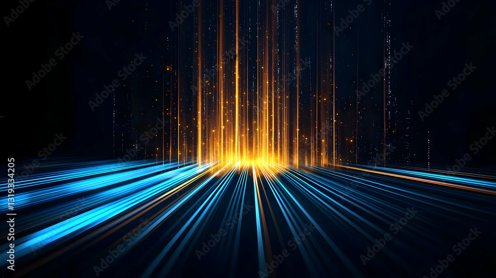 Poster dynamic blue and gold light rays converging on dark background with digital matrix effect in abstrac