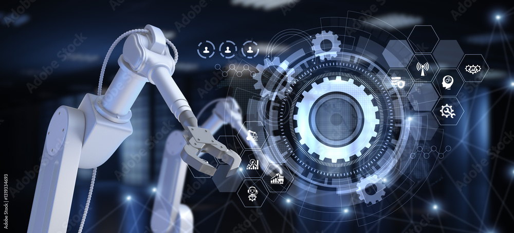 Poster robot cyborg 3d render on blurred background. innovation technology robotisation.