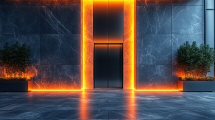 Fototapeta premium Modern elevator lobby with glowing orange accents