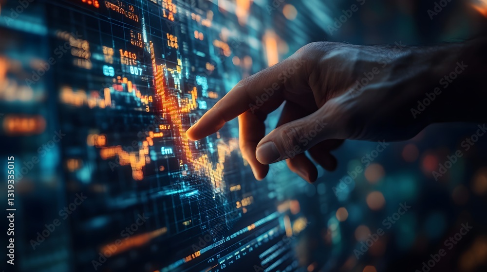 Poster a hand touching a digital screen to access information and control investment portfolio adjustments 