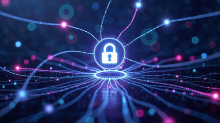 Obraz premium Digital lock symbolizing cybersecurity with glowing connections and data flow