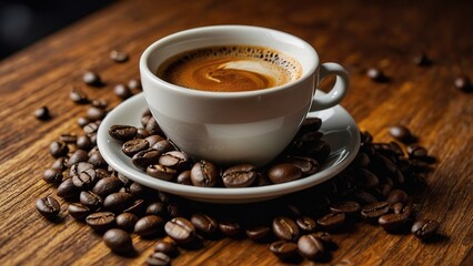 Hot espresso coffee in a cup with steaming aroma