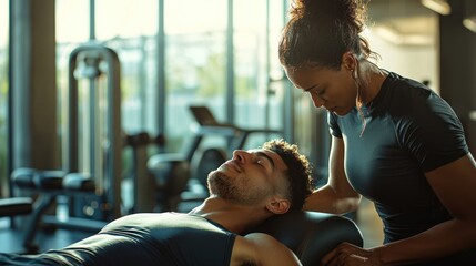 Professional Personal Trainer Assisting Client in Modern Gym Setting