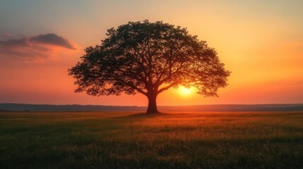 Majestic tree silhouetted against a vibrant sunset over a field