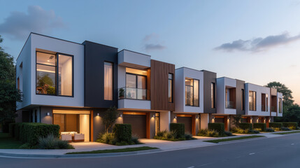 Fototapeta premium Modern townhouses with sleek design and warm lighting at dusk