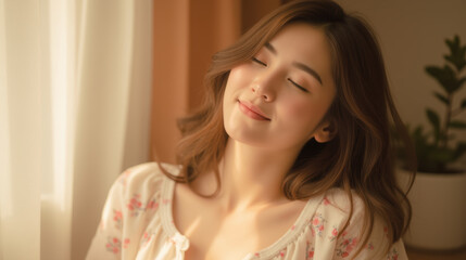 Naklejka premium Smiling woman with long hair enjoying sunlight in cozy room, radiating warmth and tranquility