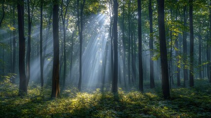 Fototapeta premium A beautiful forest illuminated by sunbeams filtering through the dense tree canopy above