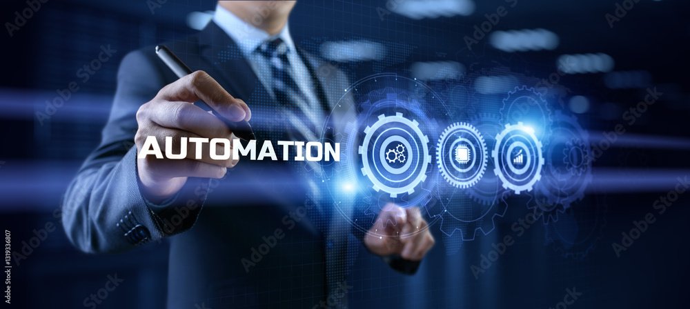 Poster automation innovation technology concept. businessman pressing button on screen.