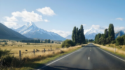 Scenic Road Through Vast New Zealand Landscape With Majestic Snow Capped Mountains Under Clear Blue Sky