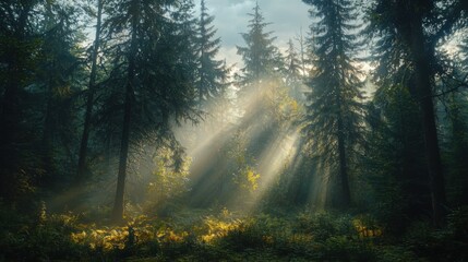 Obraz premium A captivating forest scene bathed in sunbeams creating an enchanting and lush environment
