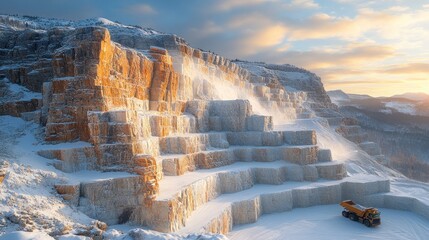 Snowy quarry at dawn,  massive stone blocks