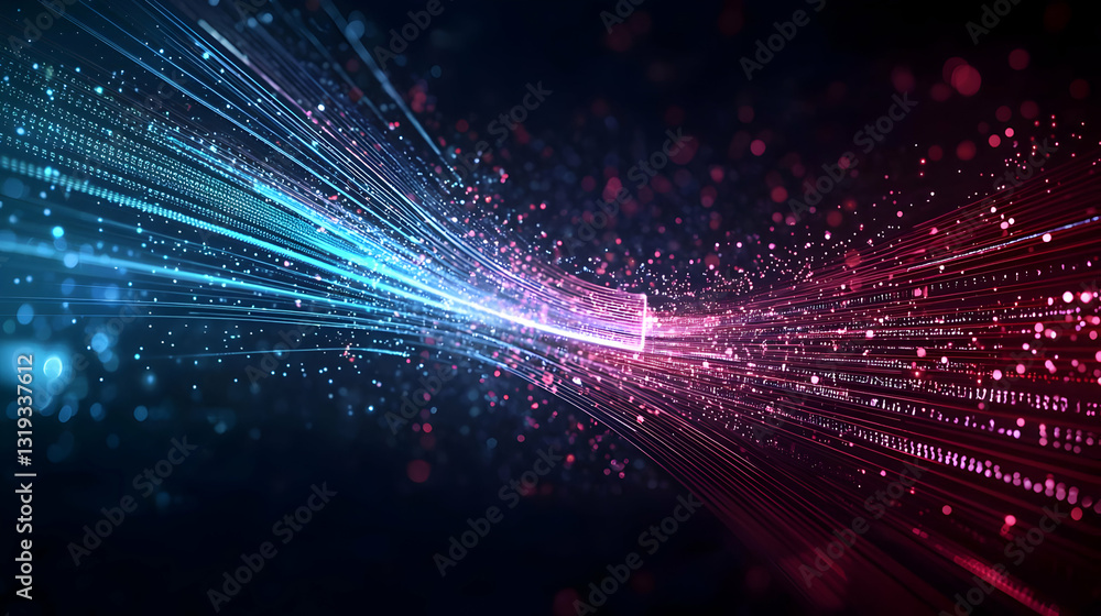 Poster dynamic abstract light trails with pink and blue particles on dark background digital art render