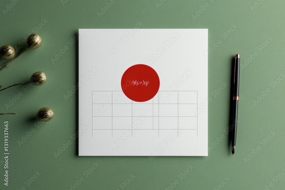 Poster clean composition of may day calendar page with red circle around date accompanied by pen and festiv