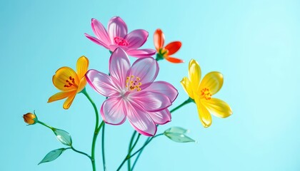 Vibrant flowers bloom against a bright blue background, bringing joy and color to the day