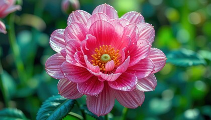 Fototapeta premium Vibrant pink lotus flower blooms gracefully in a serene garden setting during the warm morning light hours