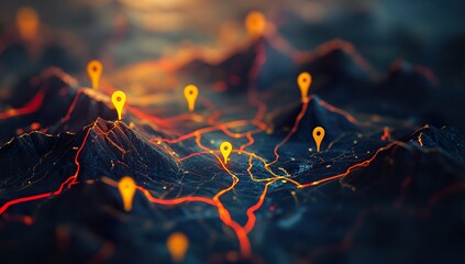Close-Up of Digital Map with Yellow Pins, Red Path Lines, and Mountain Shapes, Blurred Dark Blue Background for Depth, Point Light Source Creating Textured Shadows, Realism Style
