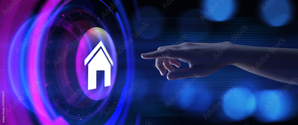 Poster smart home automation wireless control iot internet of things concept. hand pressing button.