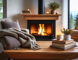 Generated image A cozy living room with a crackling fireplace, a blanket, and a stack of books on a wooden