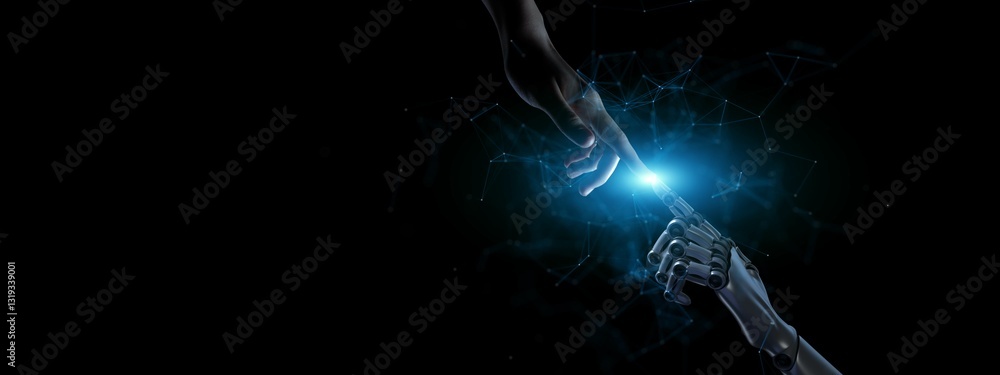 Aufkleber human and robotic interaction illuminated in a futuristic digital network.