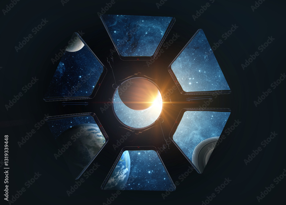 Wall mural earth and galaxy in spaceship international space station window porthole. elements of this image fu