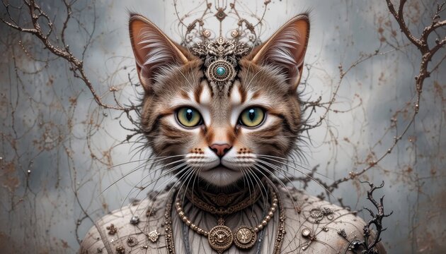 Majestic feline adorned with regal jewelry and intricate crown against a mystic backdrop of twisted branches