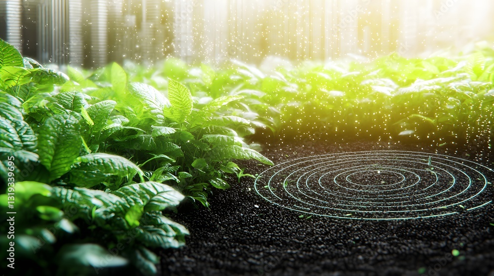 Wall mural lush greenery with raindrops sparkling in sunlight creating a serene atmosphere in nature