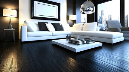 Stylish Modern Living Room with Black and White Furniture Overlooking an Urban Cityscape