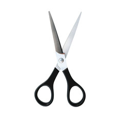 Pair of scissors with silver blades and black handles. Stationary or craft tool, cutting concept. Black background, isolated image.