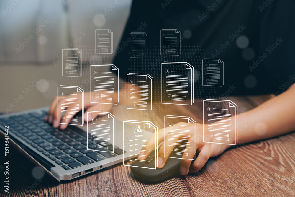 Poster digital document management and organizing files on a modern laptop with copy functionality, busines