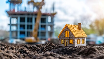 Photo of Miniature House with Yellow Helmet on Top, Standing in Dirt Near Construction Site, Web Banner with Copy Space on Right