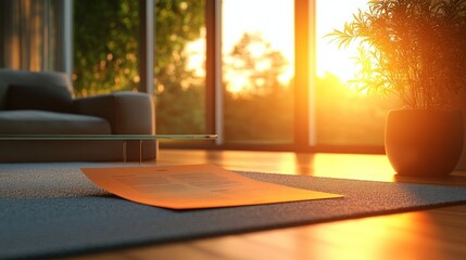 Fototapeta premium Modern living room with yoga mat, sunset view