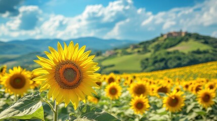 Fototapeta premium Sunflower field blooming under blue sky. Yellow flowers on green hill. Nature scene with plants in summer. Beauty in nature.