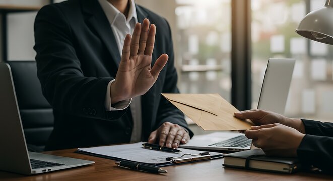 Businessman rejects envelope - ethical integrity, bribery refusal - business integrity article