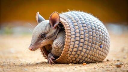 Obraz premium A Young Armadillo Partially Concealed Within Its Protective Shell on Sandy Ground