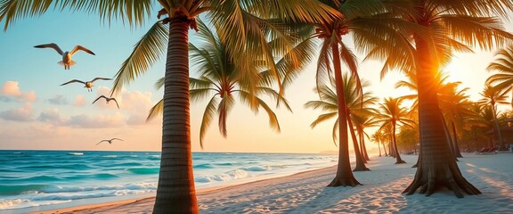 Serene Sunrise on a Tropical Beach with Palm Trees and Gulls Flying