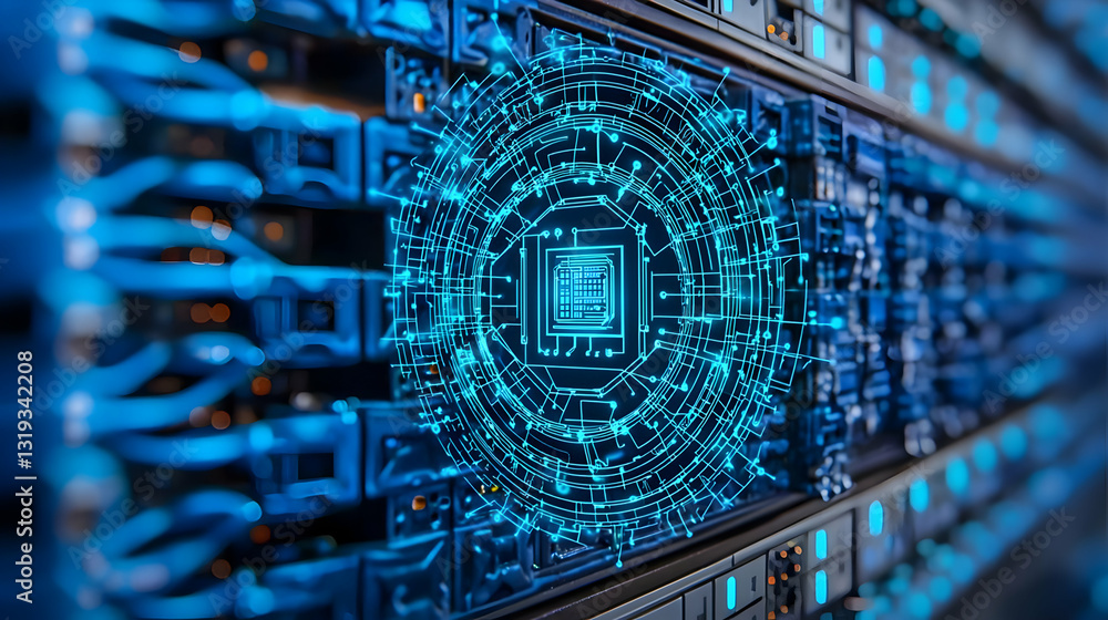 Poster glowing blue circuitry displayed on server racks in modern data center with soft focus