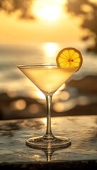 lemon drop cocktail in a glass at a bar on the beach