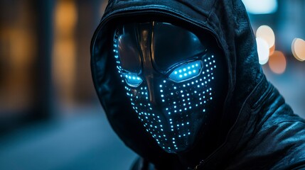 Naklejka premium Innovative led-infused cyber mask urban nightscape digital art futuristic environment close-up view tech concept