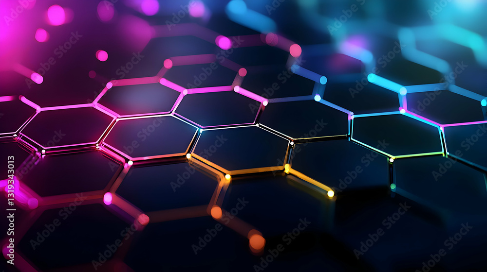 Aufkleber abstract background with futuristic glowing neon lines connecting hexagonal shapes in vibrant pink p