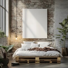 Minimalist Bedroom Interior Featuring Pallet Bed with Cozy Textiles and Blank Canvas in Industrial Space