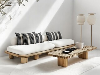 Modern minimalist outdoor sofa and coffee table set with striped pillows on white floor.