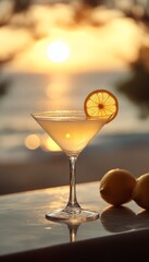 lemon drop cocktail in a glass at a bar on the beach