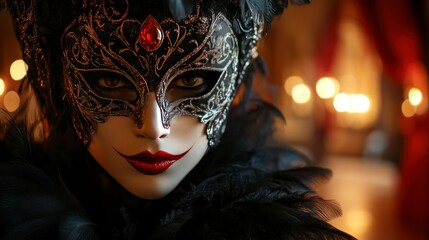 Gothic style mask with sharp edges and black feathers elegant event indoor environment captivating portrait