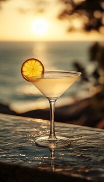 lemon drop cocktail in a glass at a bar on the beach